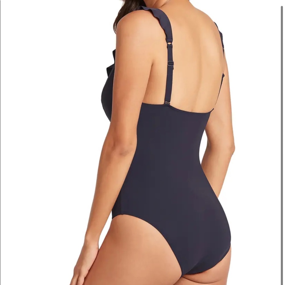 Sea Level Frill Ruffle Flounce Plunge One Piece Adj Strap Swimsuit - Picture 2 of 4